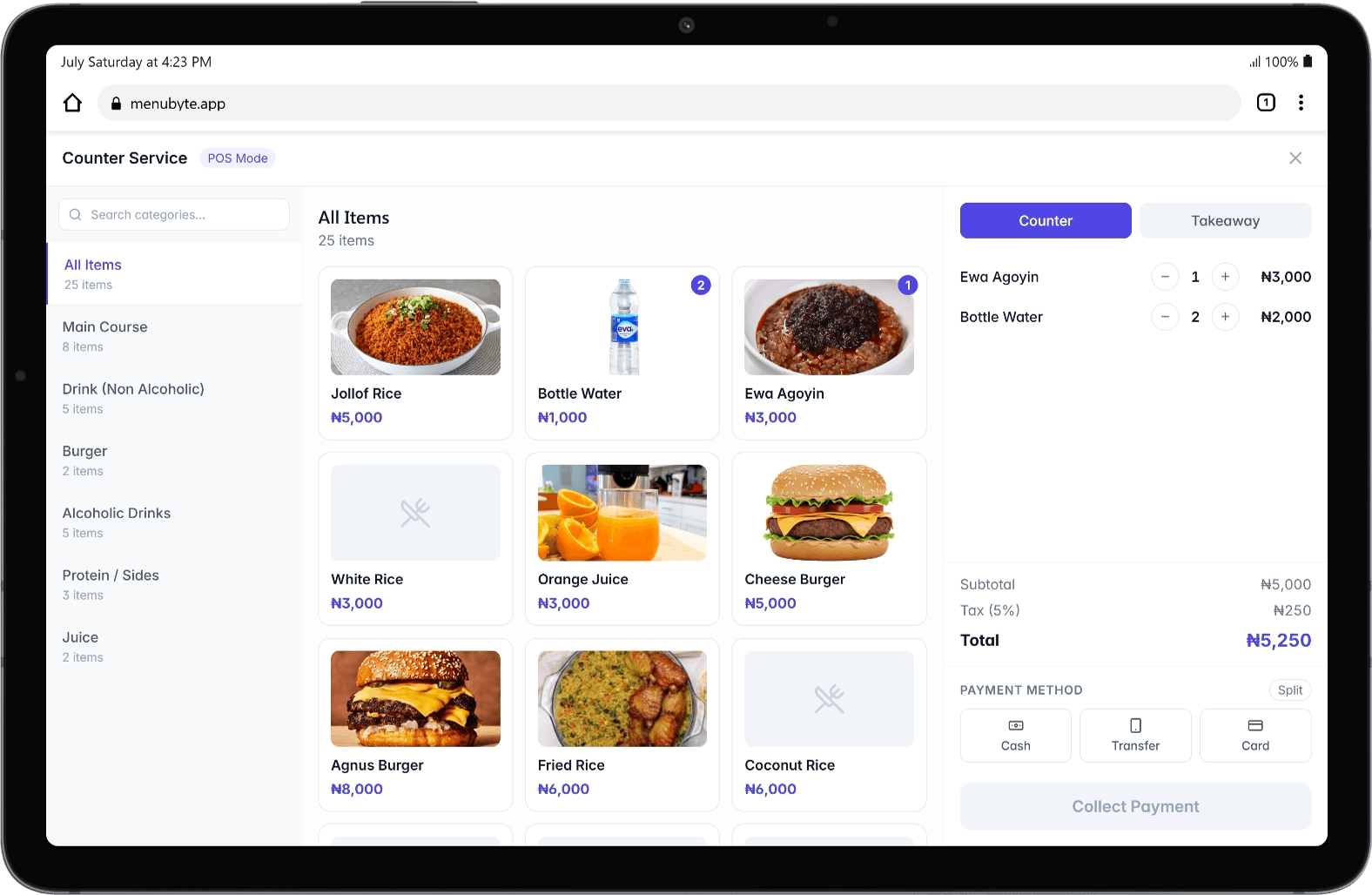 MenuByte Counter Mode showing a restaurant order being entered with items and Naira prices