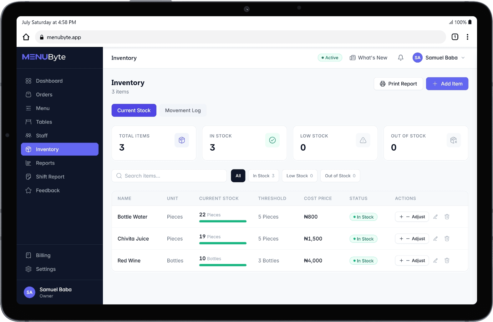 MenuByte inventory dashboard showing stock levels and low stock alerts with Naira values
