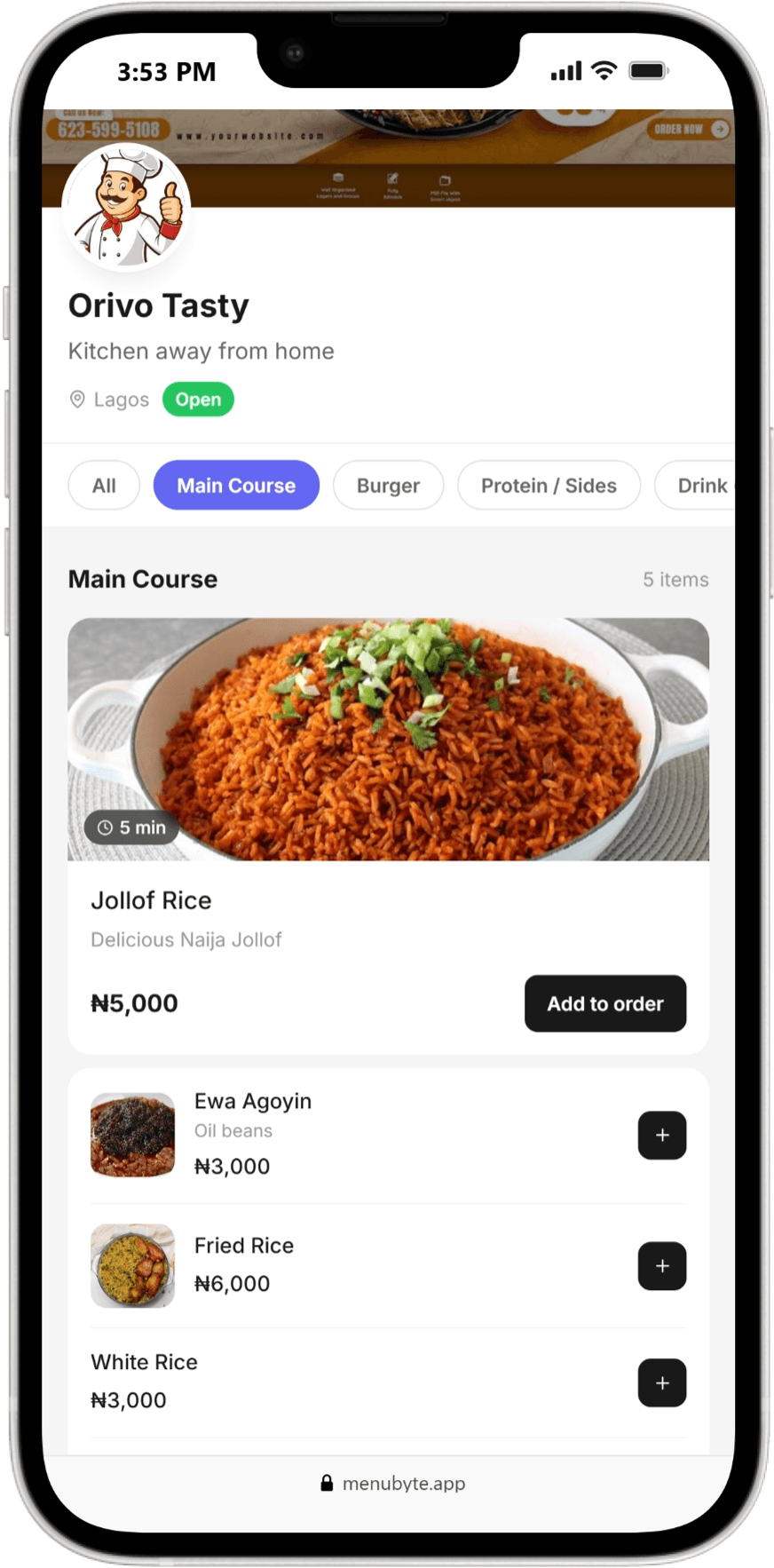 MenuByte customer menu on iPhone